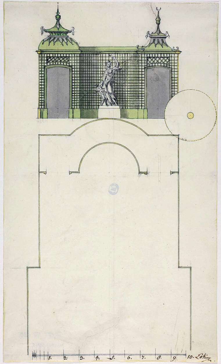 Altanka Chińska w górnym ogrodzie – przed którą stoi rzeźba Wenus z Amorem